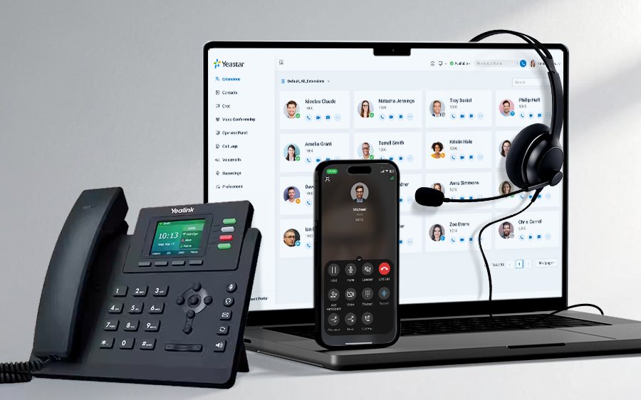 Yealink desk phone, Yeastar Linkus app on a mobile and laptop, and a headset